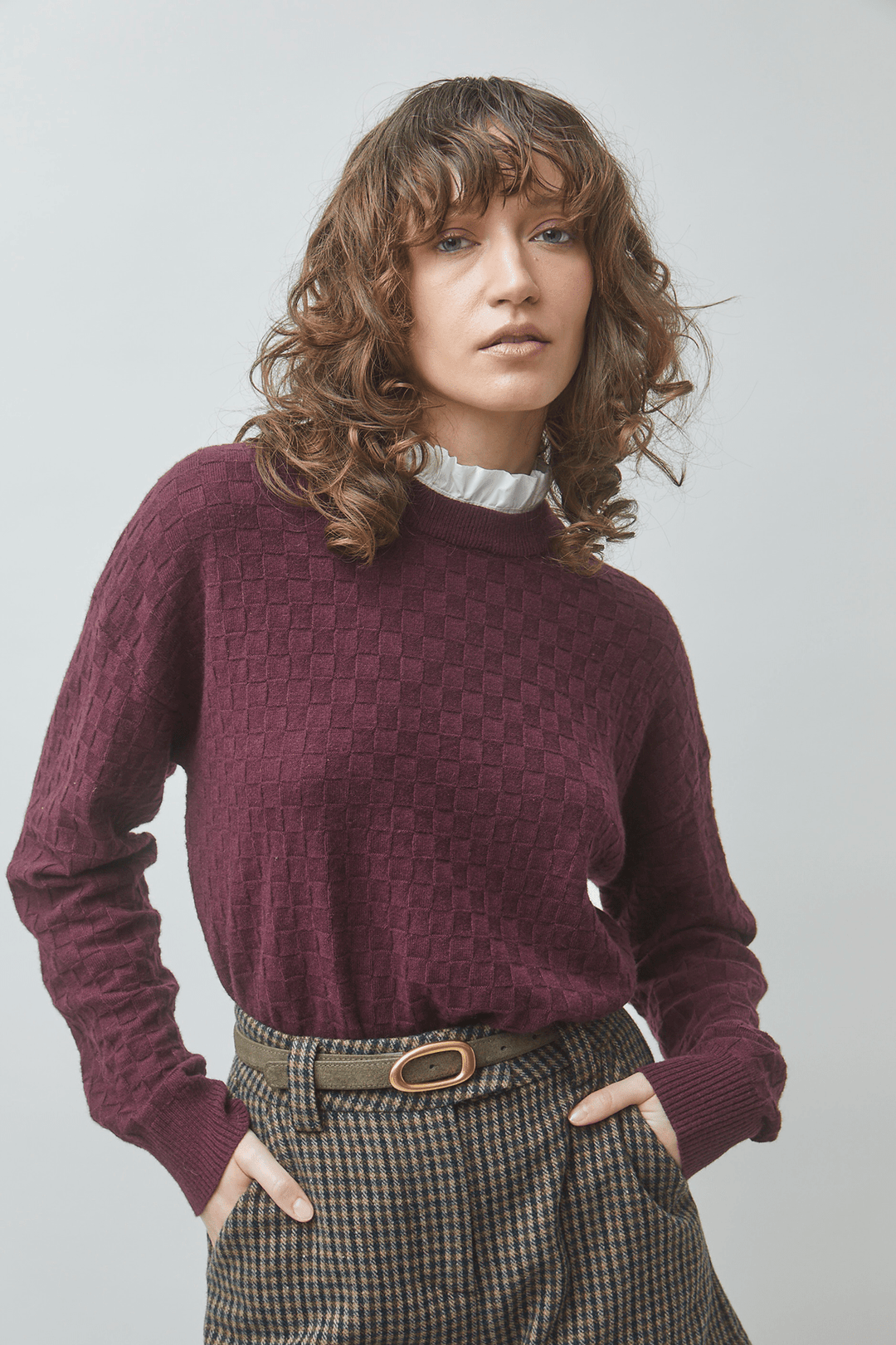 Picola Long Sleeve Checked Knit with Ruffle Collarlong sleeve knit