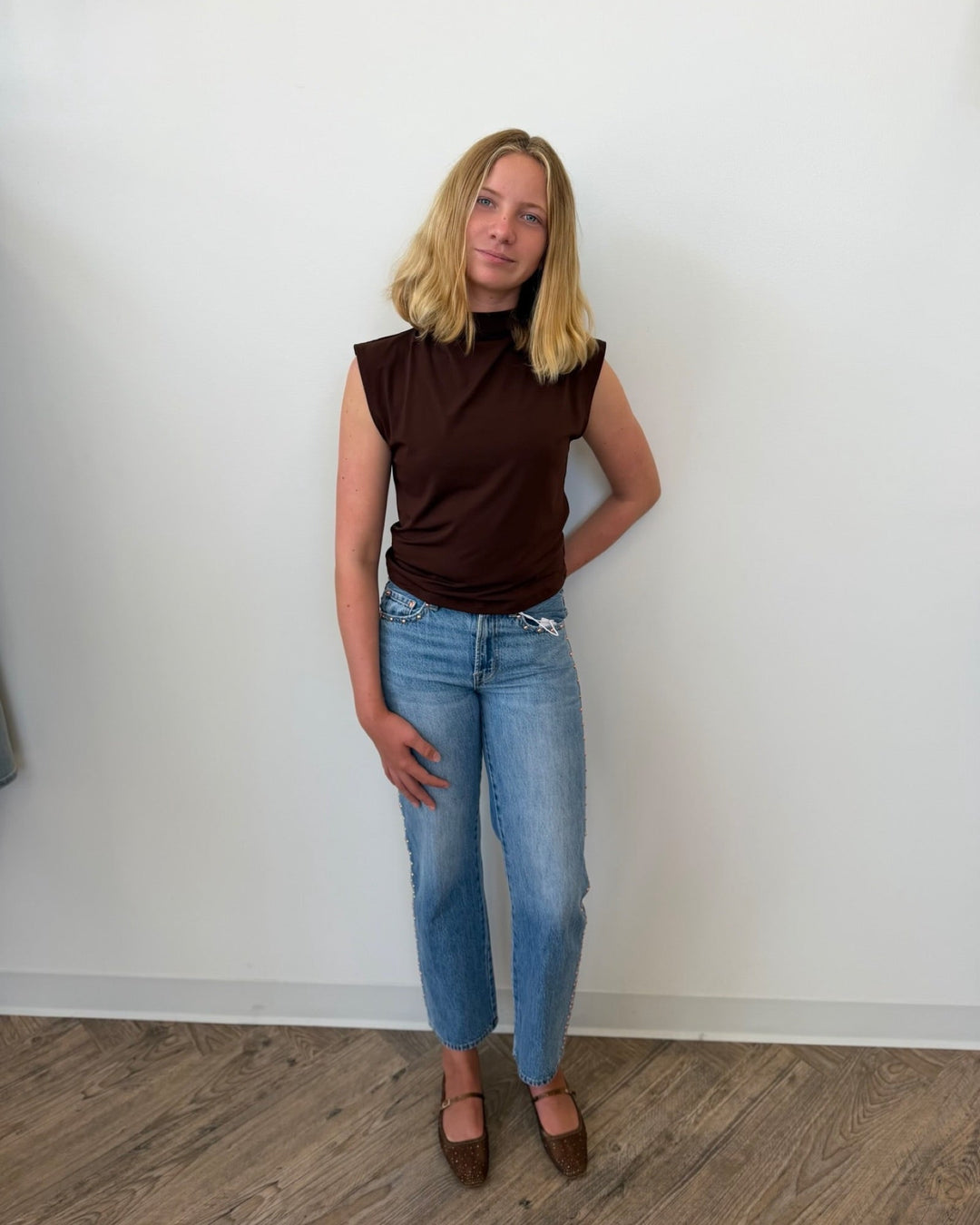 Pistola Lexi Mid Rise Bowed Straight Leg Denim in Star Studdedstraight leg denim
