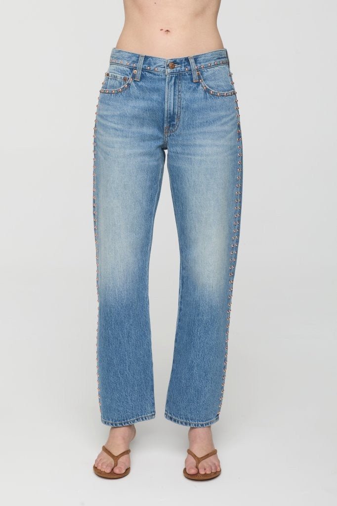 Pistola Lexi Mid Rise Bowed Straight Leg Denim in Star Studdedstraight leg denim