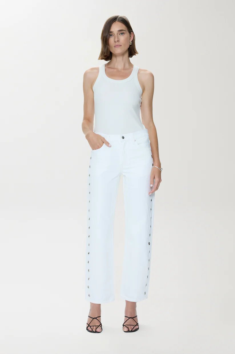 Pistola Lexi Mid Rise Bowed Straight Leg Jean in Vivid Whitestraight leg denim