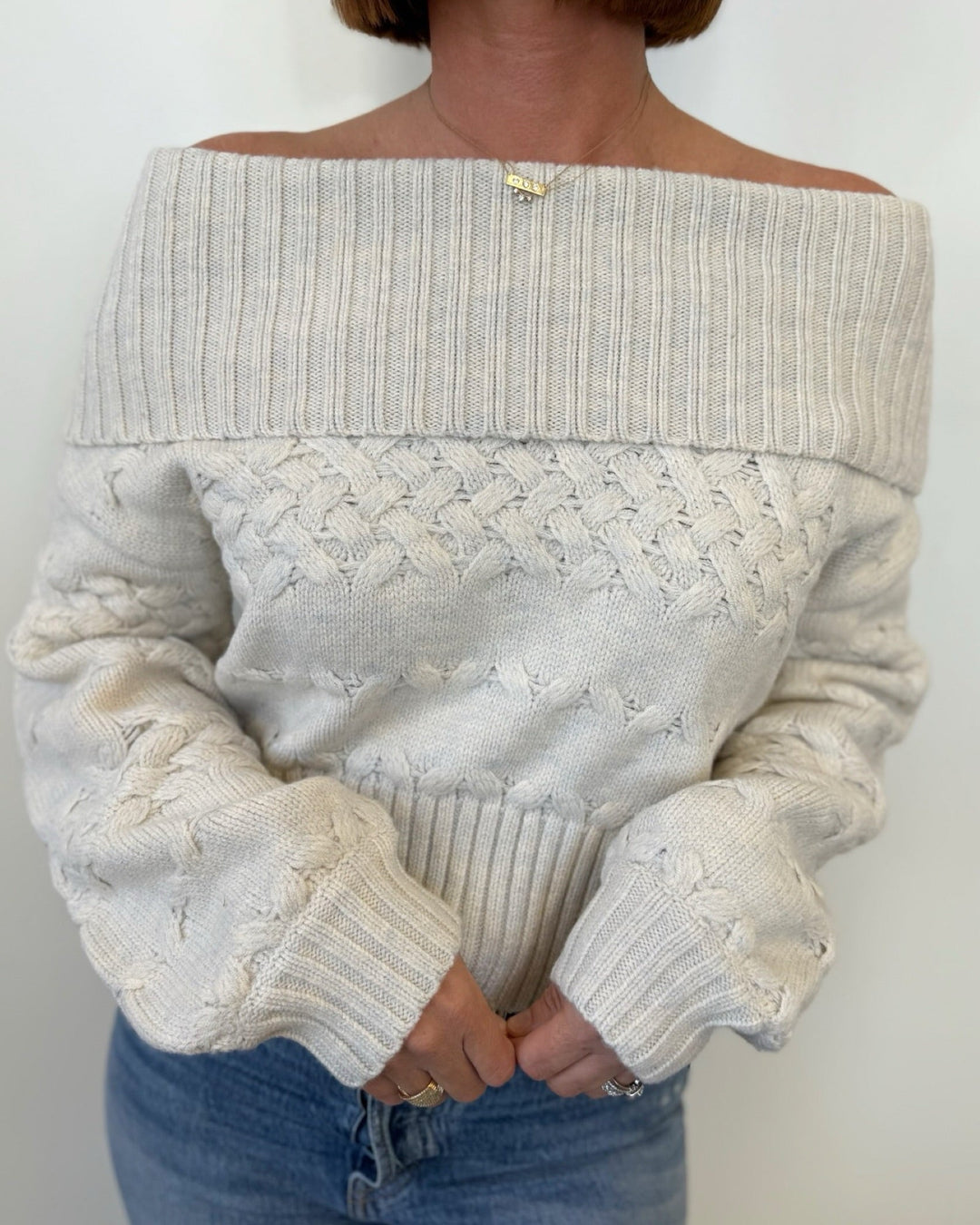 Reagan Off The Shoulder Long Sleeve Cable KnitKNIT SWEATER