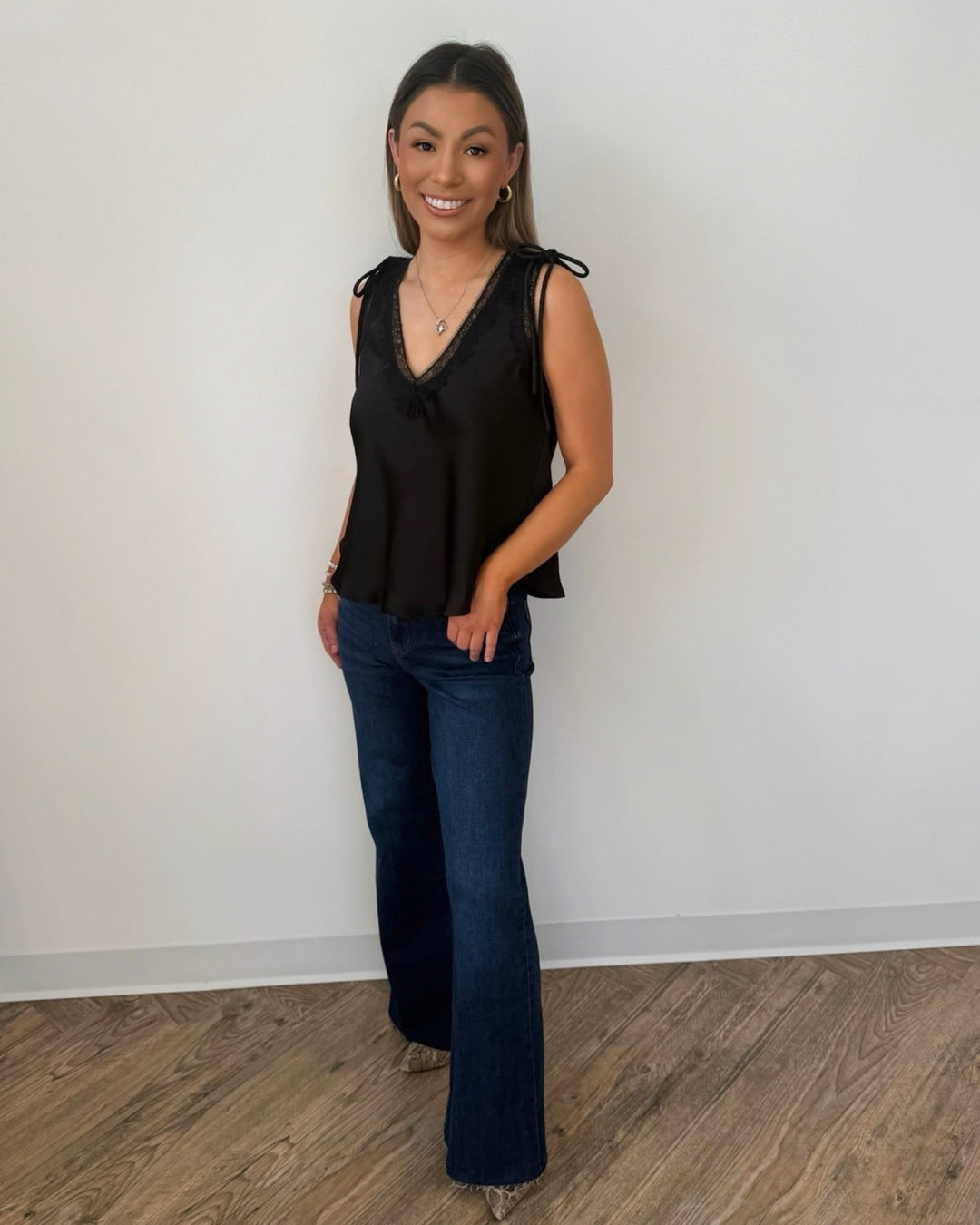 Rinna Sleeveless V Neck Top with Lace DetailSleeveless Top