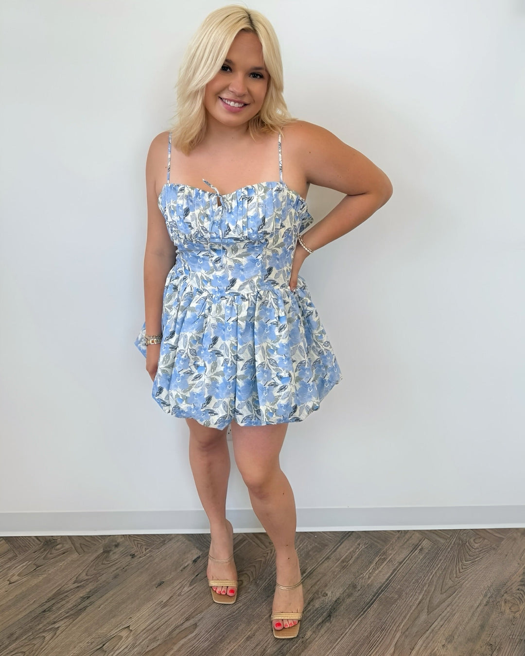 Rosette Bubble Hem Mini Dress with Floral Stitchingdressth