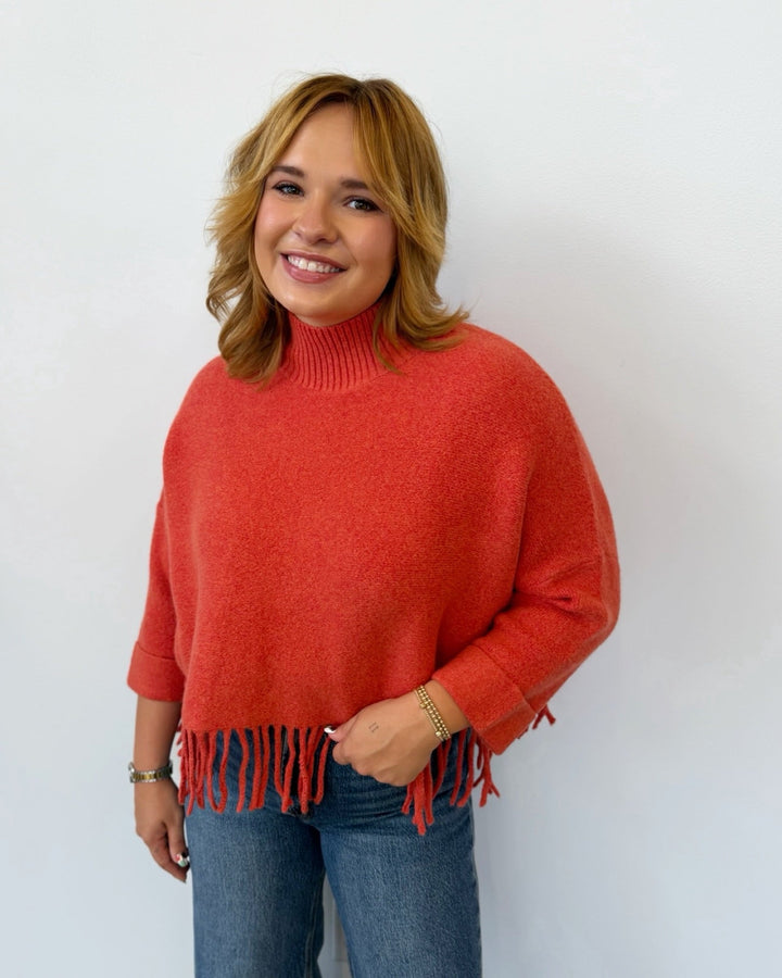 Sachi Long Sleeve Sweater with Fringe Hemlinelong sleeve knit