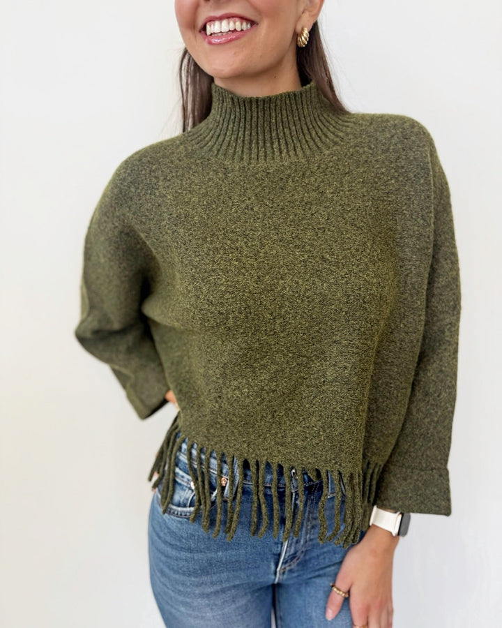 Sachi Long Sleeve Sweater with Fringe Hemlinelong sleeve knit