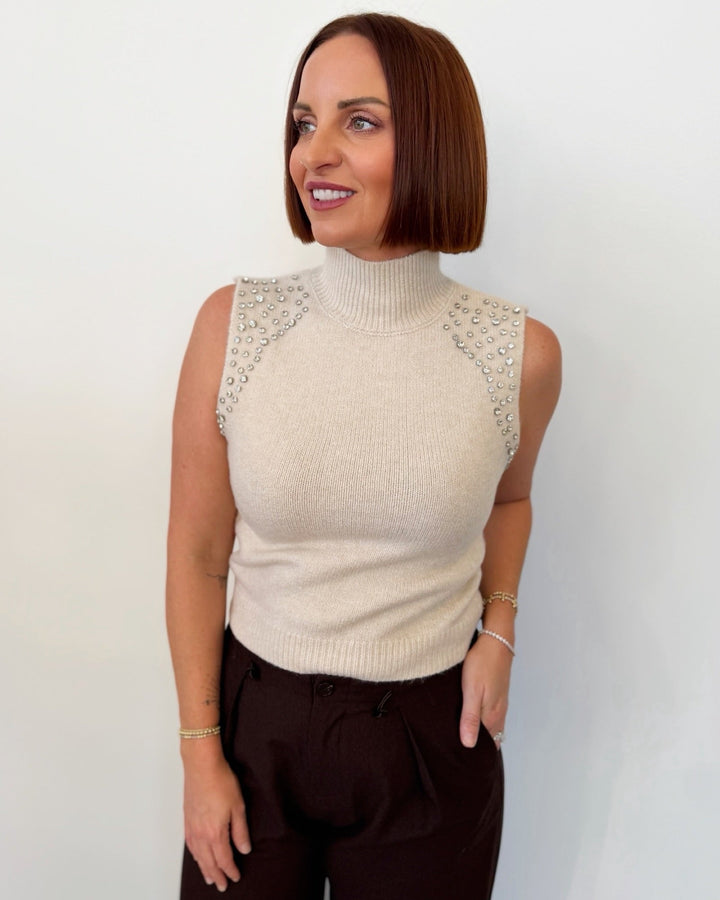 Salina Embellished Sleeveless Mock Neck Knitsleeveless knit