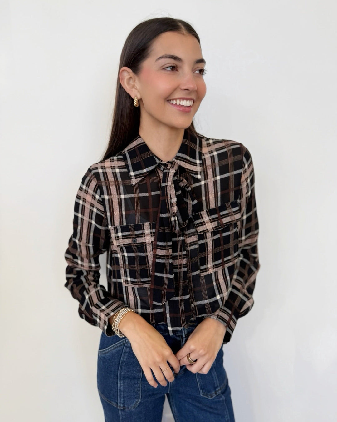 Sanctuary Meet in Paris Tie Neck Blouselong sleeve blouse