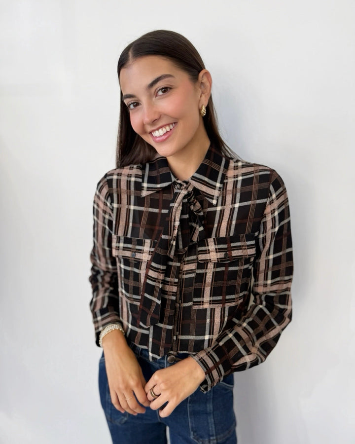 Sanctuary Meet in Paris Tie Neck Blouselong sleeve blouse