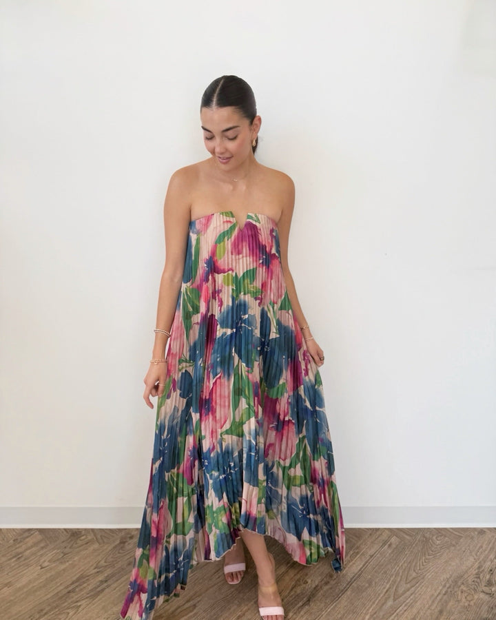Sanela Strapless Floral Pleated Maxi Dressmaxi dress
