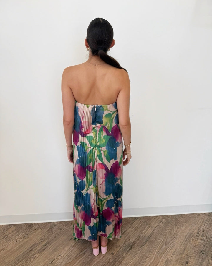 Sanela Strapless Floral Pleated Maxi Dressmaxi dress