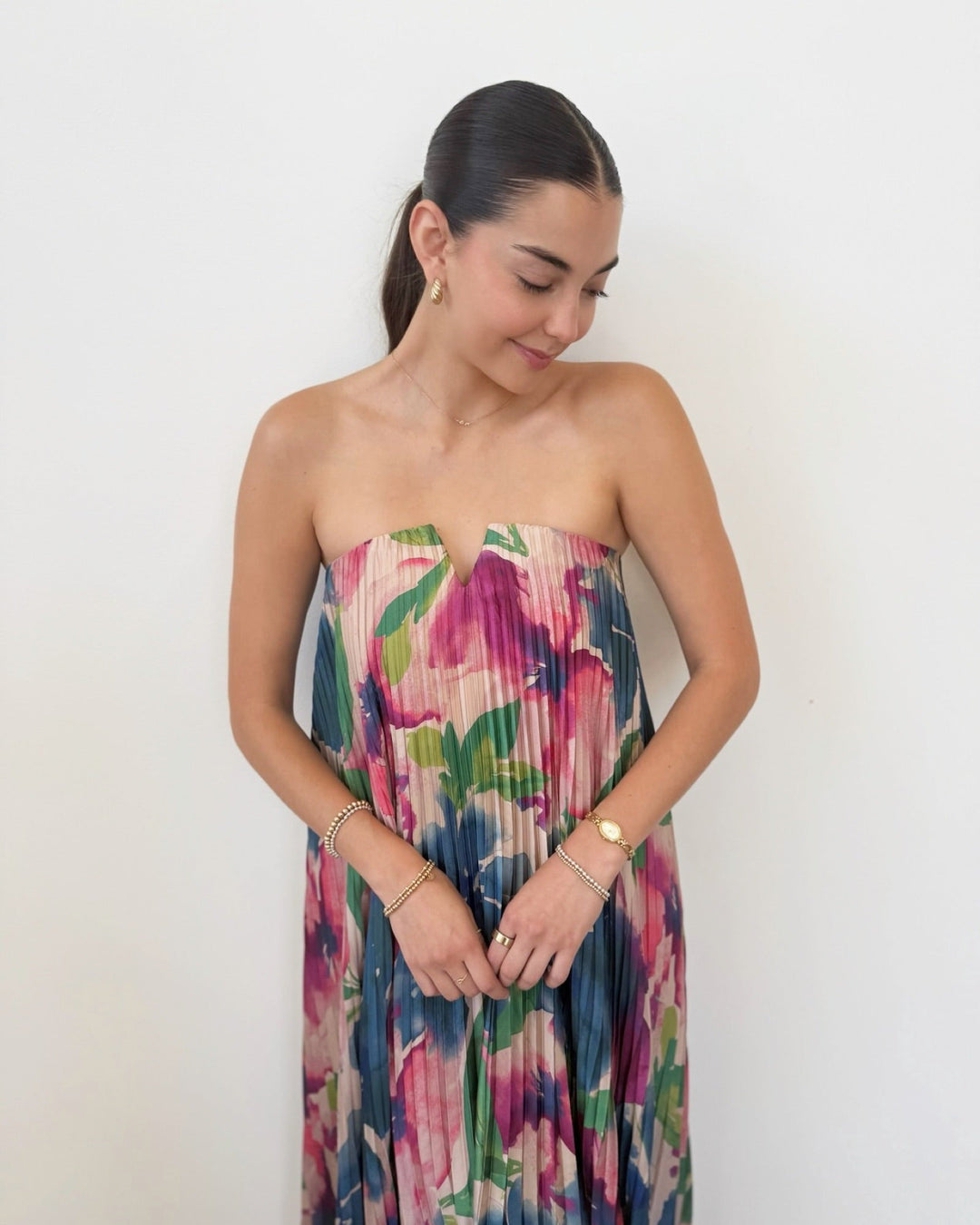Sanela Strapless Floral Pleated Maxi Dressmaxi dress