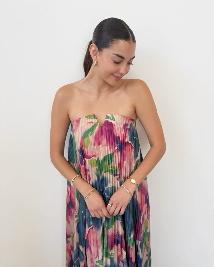 Sanela Strapless Floral Pleated Maxi Dressmaxi dress