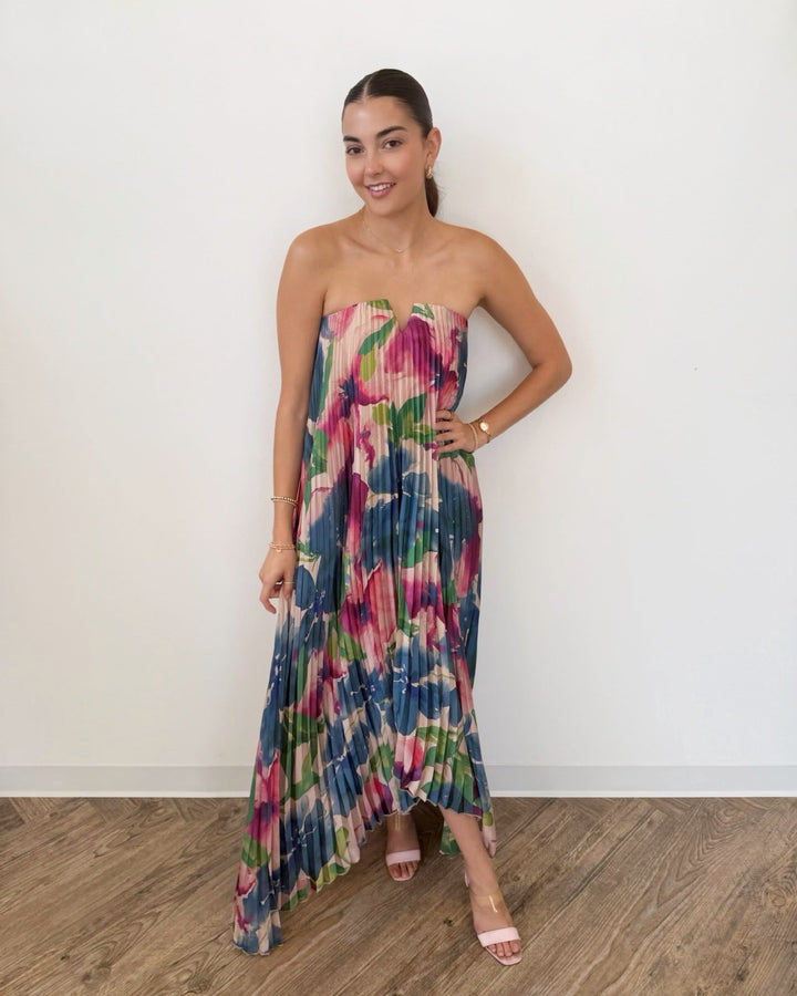 Sanela Strapless Floral Pleated Maxi Dressmaxi dress