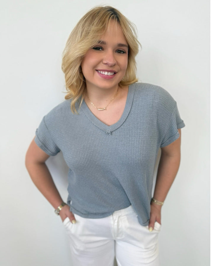 Scottie Short Sleeve Waffle Knit V - Neck Topshort sleeve top