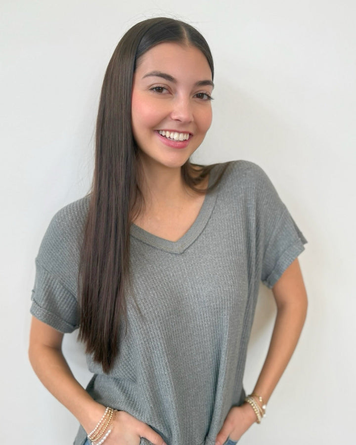 Scottie Short Sleeve Waffle Knit V - Neck Topshort sleeve top