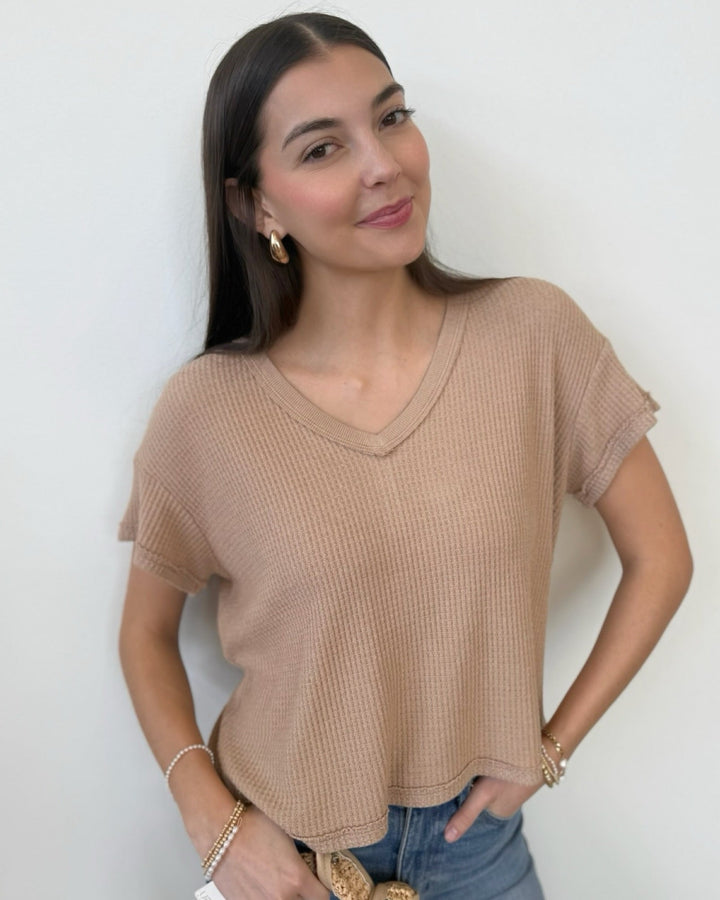 Scottie Short Sleeve Waffle Knit V - Neck Topshort sleeve top