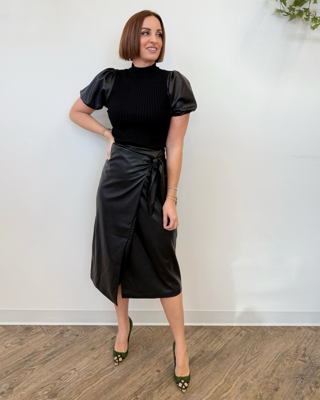 Serafina Faux Leader Ruched Midi SkirtMidi Skirt