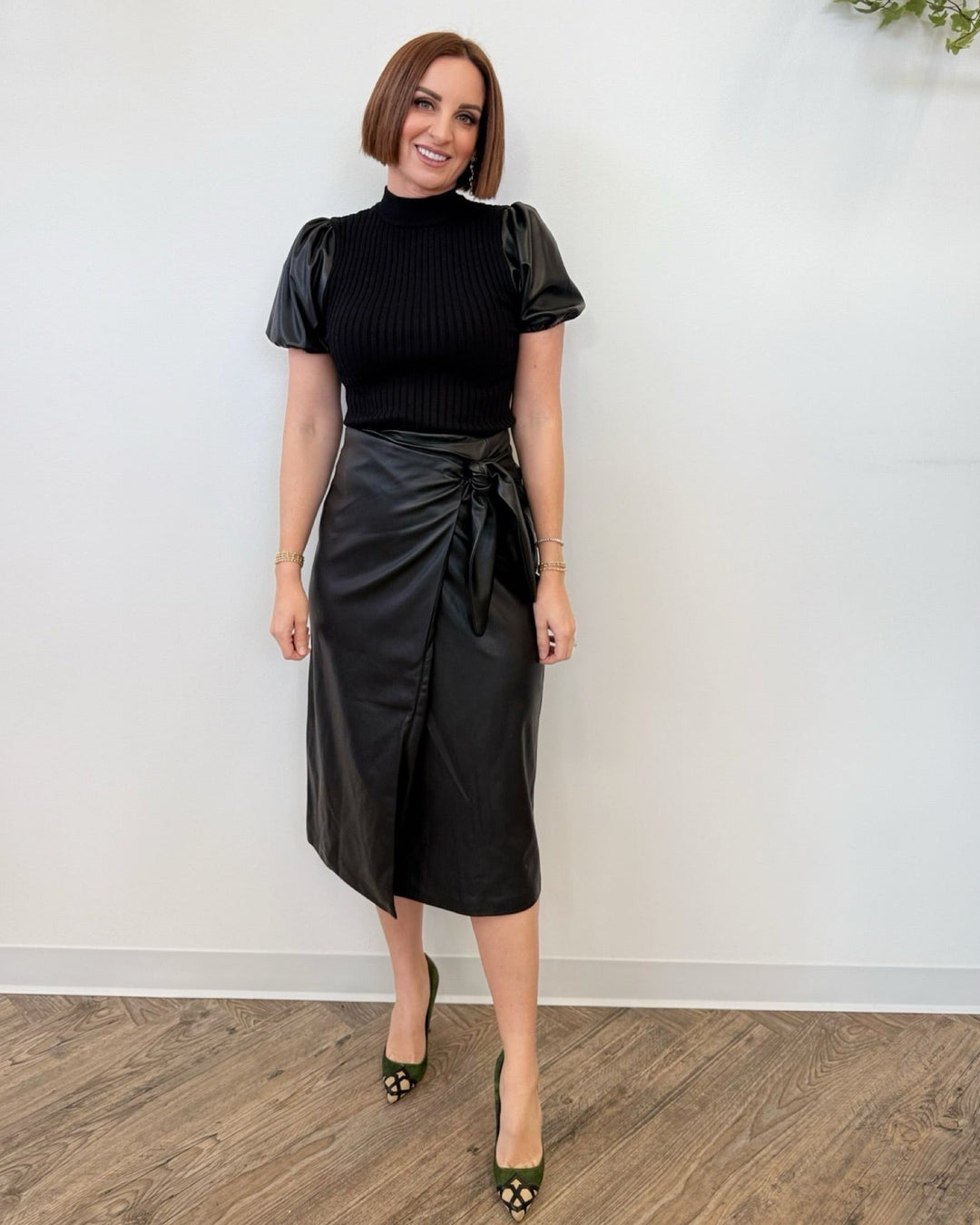 Serafina Faux Leader Ruched Midi SkirtMidi Skirt
