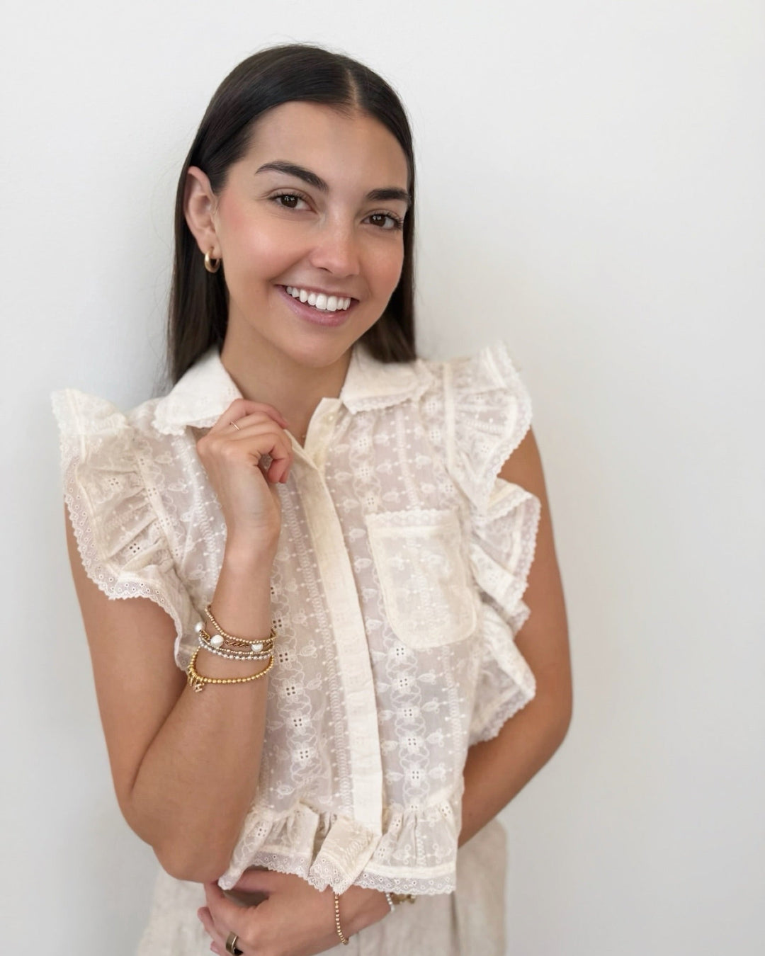Steve Madden Adeline Eyelet Button Up Topsleeveless blouse