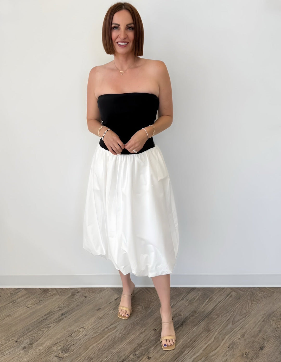 Sutton Strapless Midi Dress with Bubble Hem – The TLB Boutique Sutton Strapless Midi Dress with Bubble Hem – The TLB Boutique