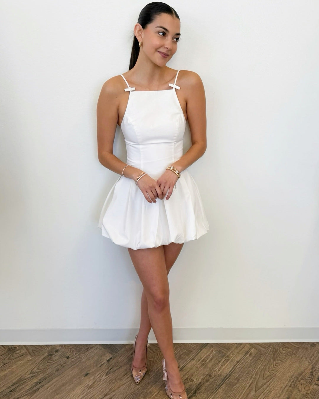 Tionna Bow Bubble Hem Mini Dress White / Medium Tionna Bow Bubble Hem Mini Dress White / Medium