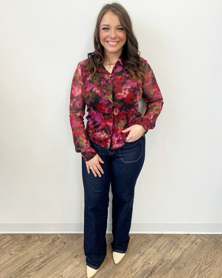 Tove Printed Mesh Button Down TopTop