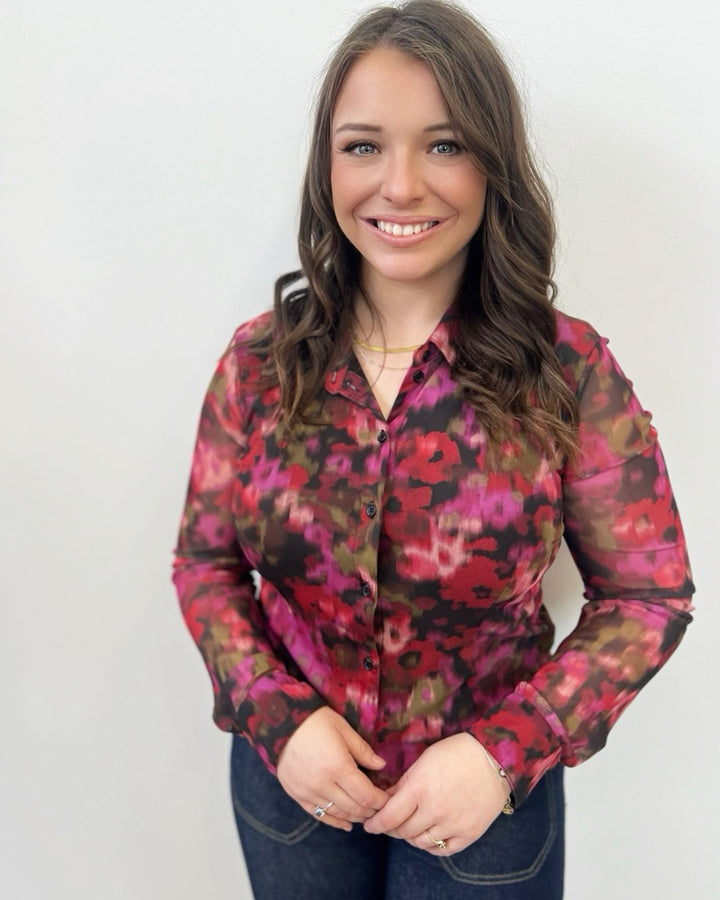 Tove Printed Mesh Button Down TopTop