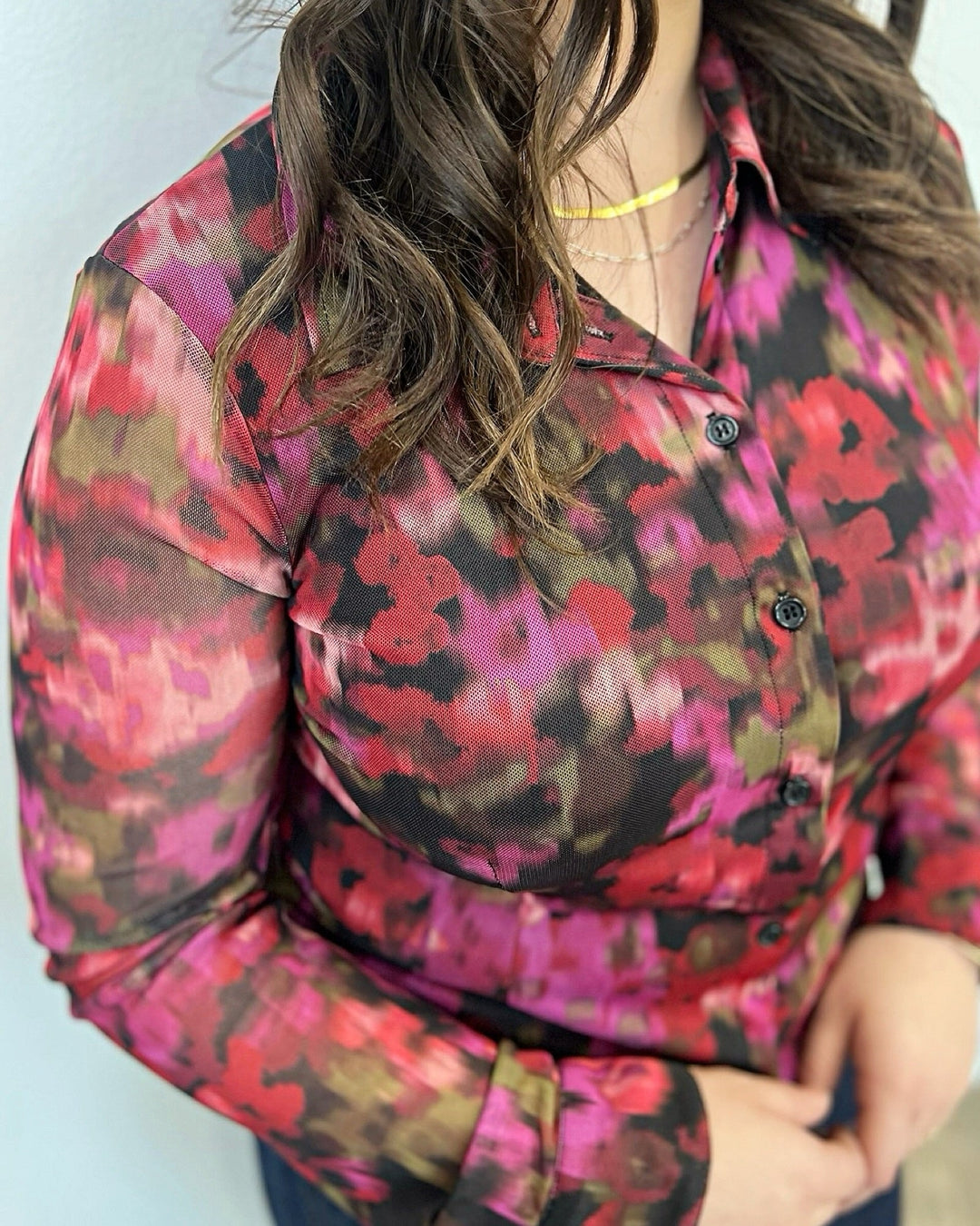 Tove Printed Mesh Button Down TopTop