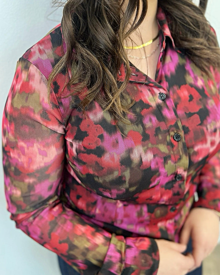 Tove Printed Mesh Button Down TopTop
