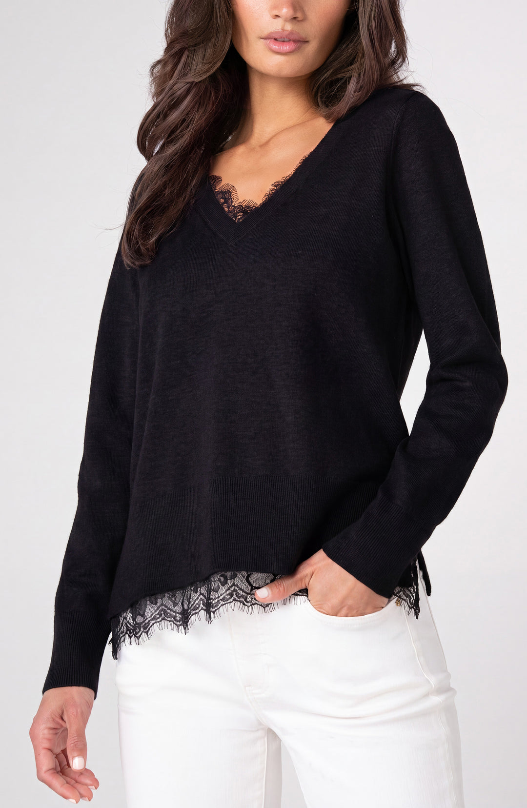 Liverpool V-Neck Long Sleeve Sweater with Lace