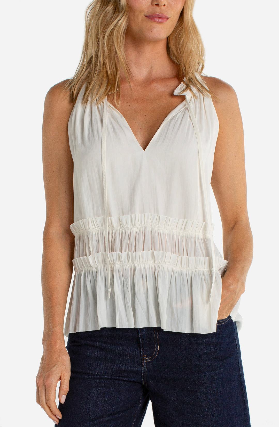 Liverpool Sleeveless Woven Top with Ruffles