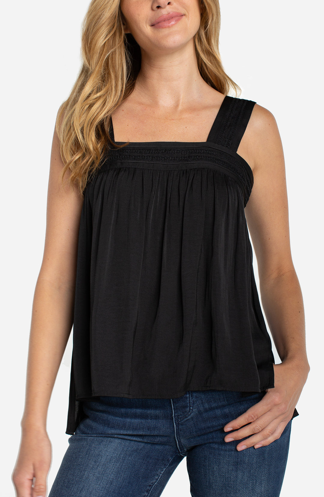 Liverpool Sleeveless Woven Top with Pintuck Straps