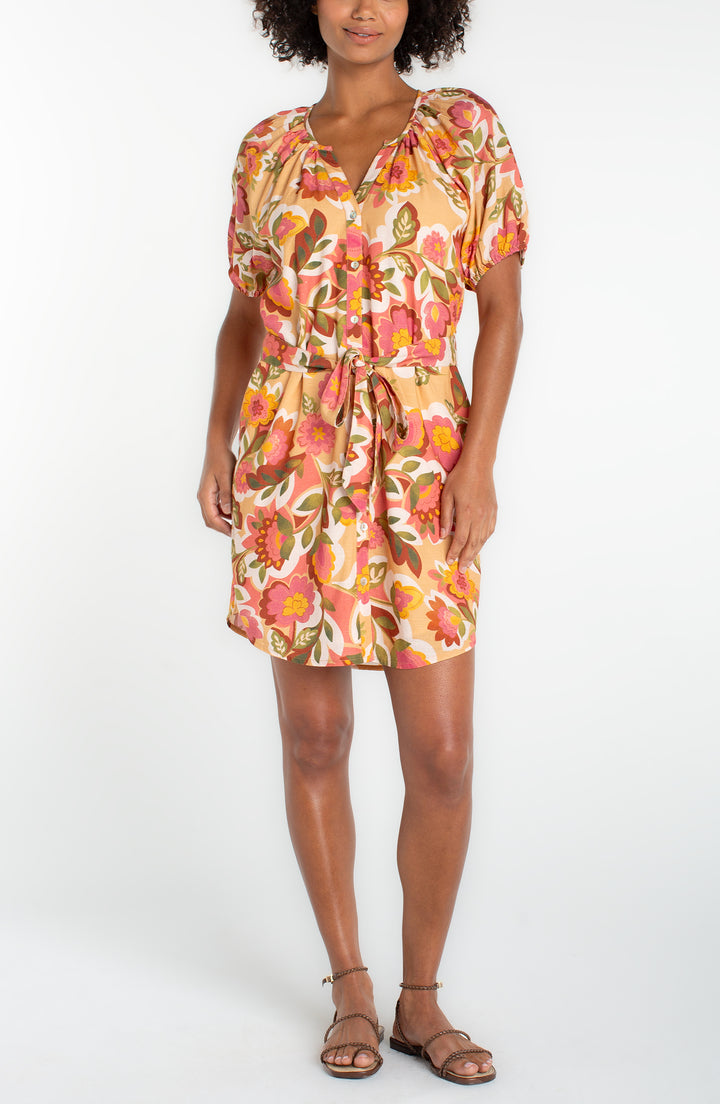 Liverpool Shirred Short Sleeve Button Front Woven Dress