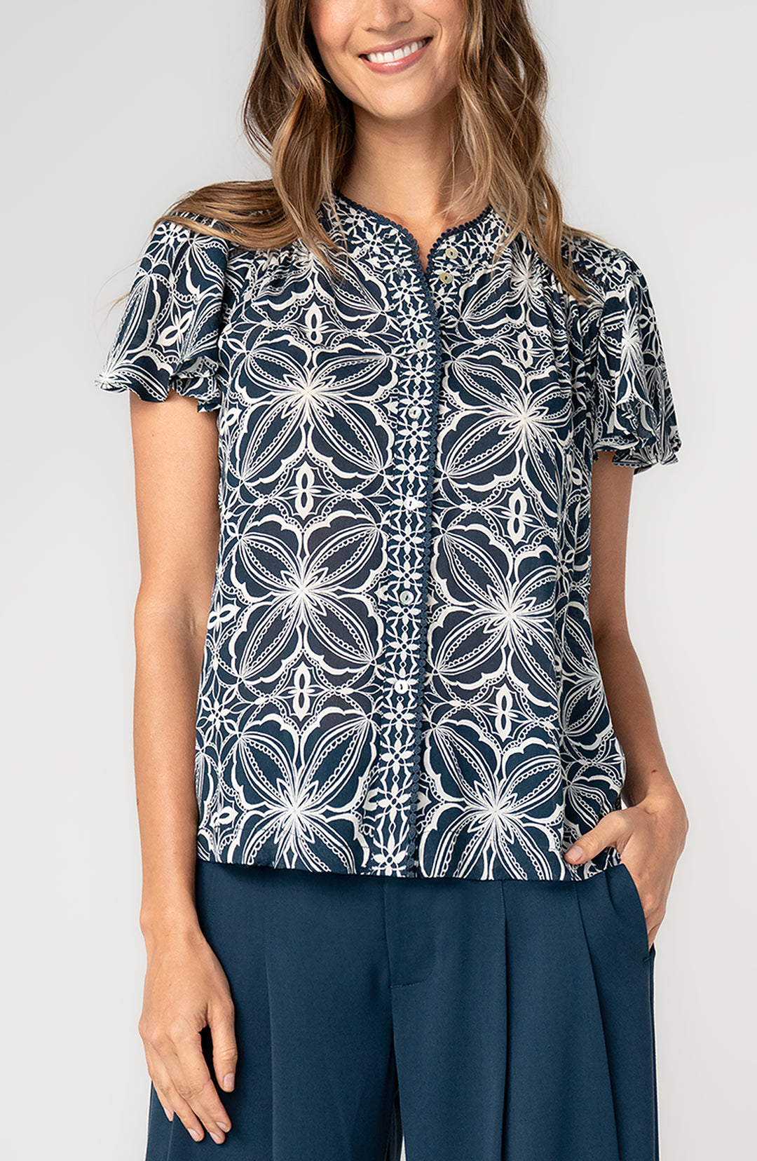Liverpool Flutter Sleeve Mix Print Button Front Woven Top