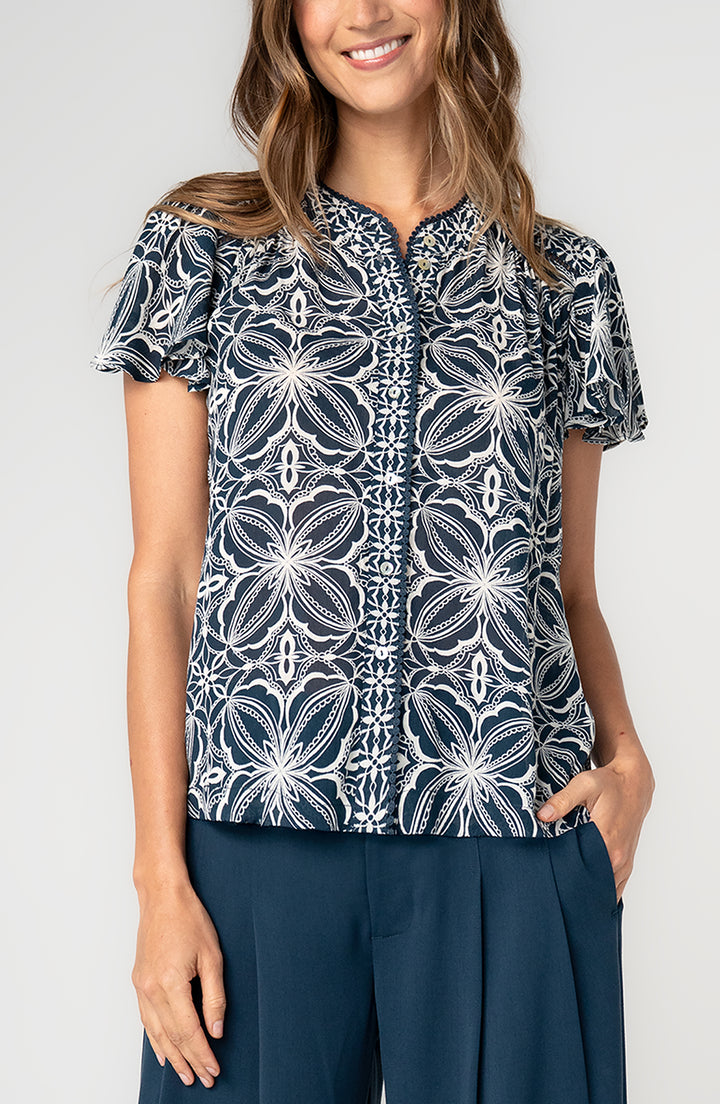 Liverpool Flutter Sleeve Mix Print Button Front Woven Top