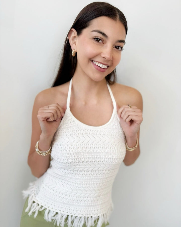 Valetta Knit Halter Top with Fringe Hemsleeveless knit