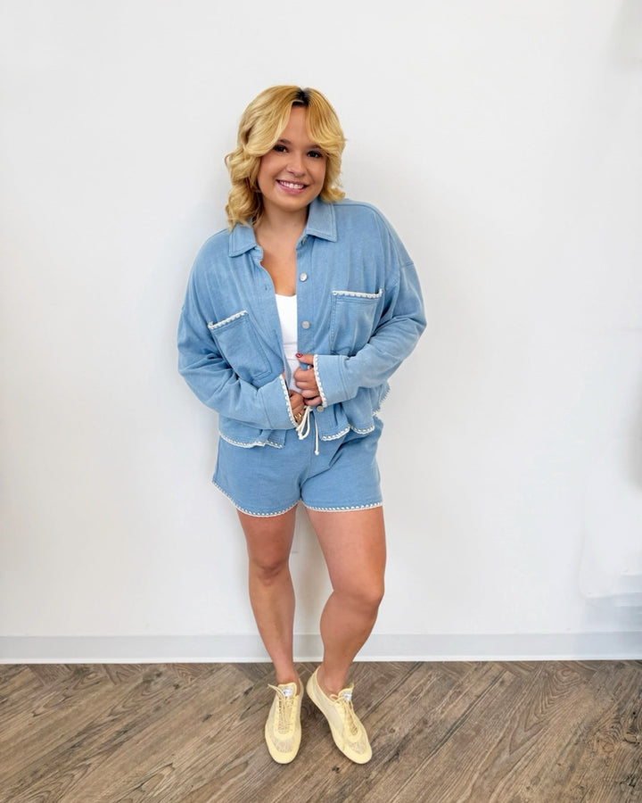 Z Supply All Day Knit Denim Crop Whipstitch Jacketjacket
