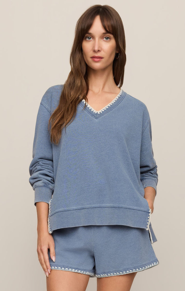 Z Supply Cam Knit Denim Whipstitch Toplong sleeve pullover