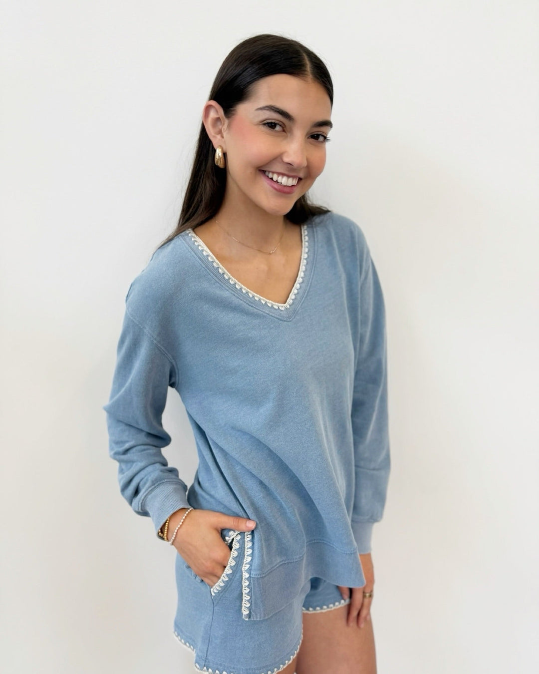 Z Supply Cam Knit Denim Whipstitch Toplong sleeve pullover