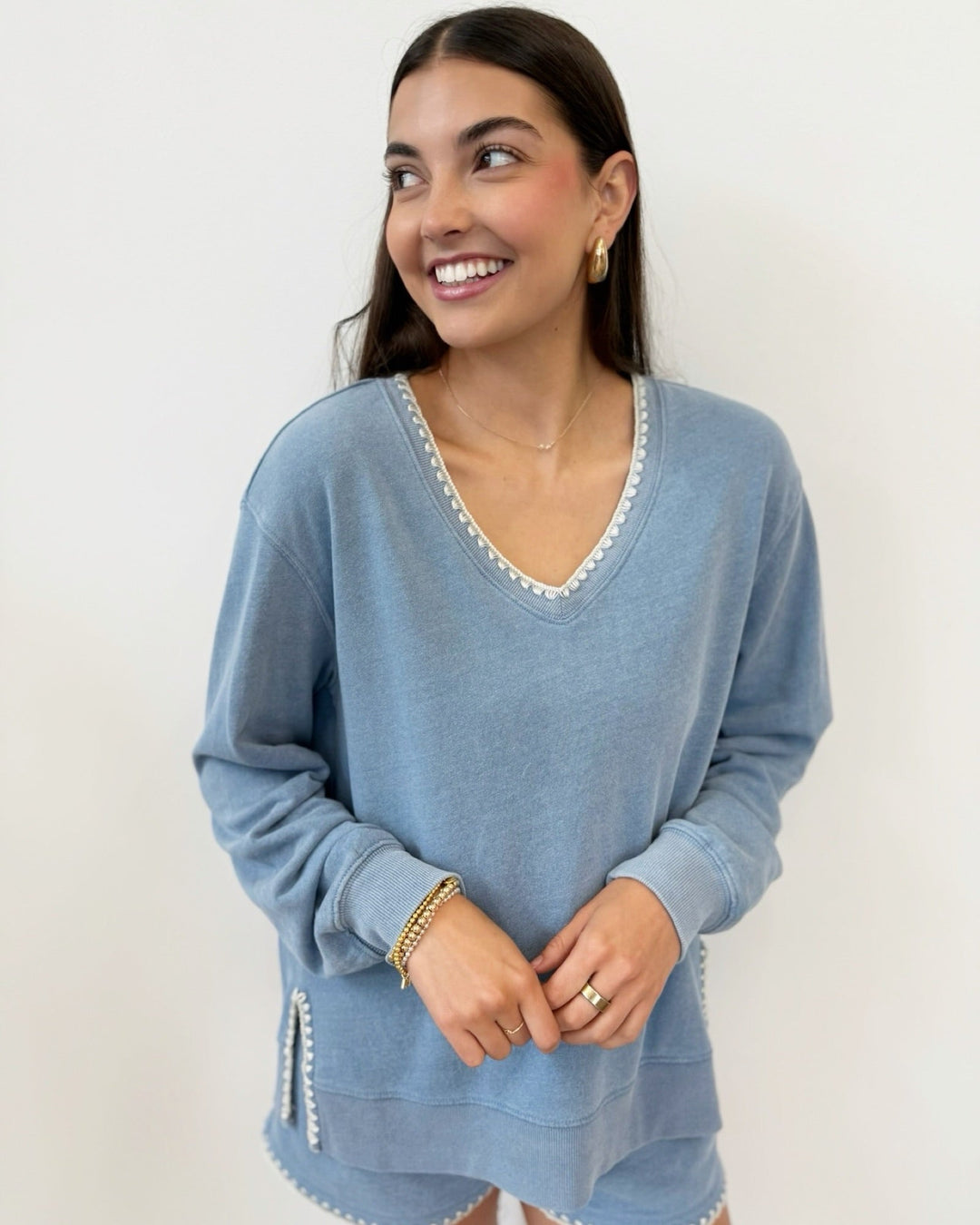 Z Supply Cam Knit Denim Whipstitch Toplong sleeve pullover