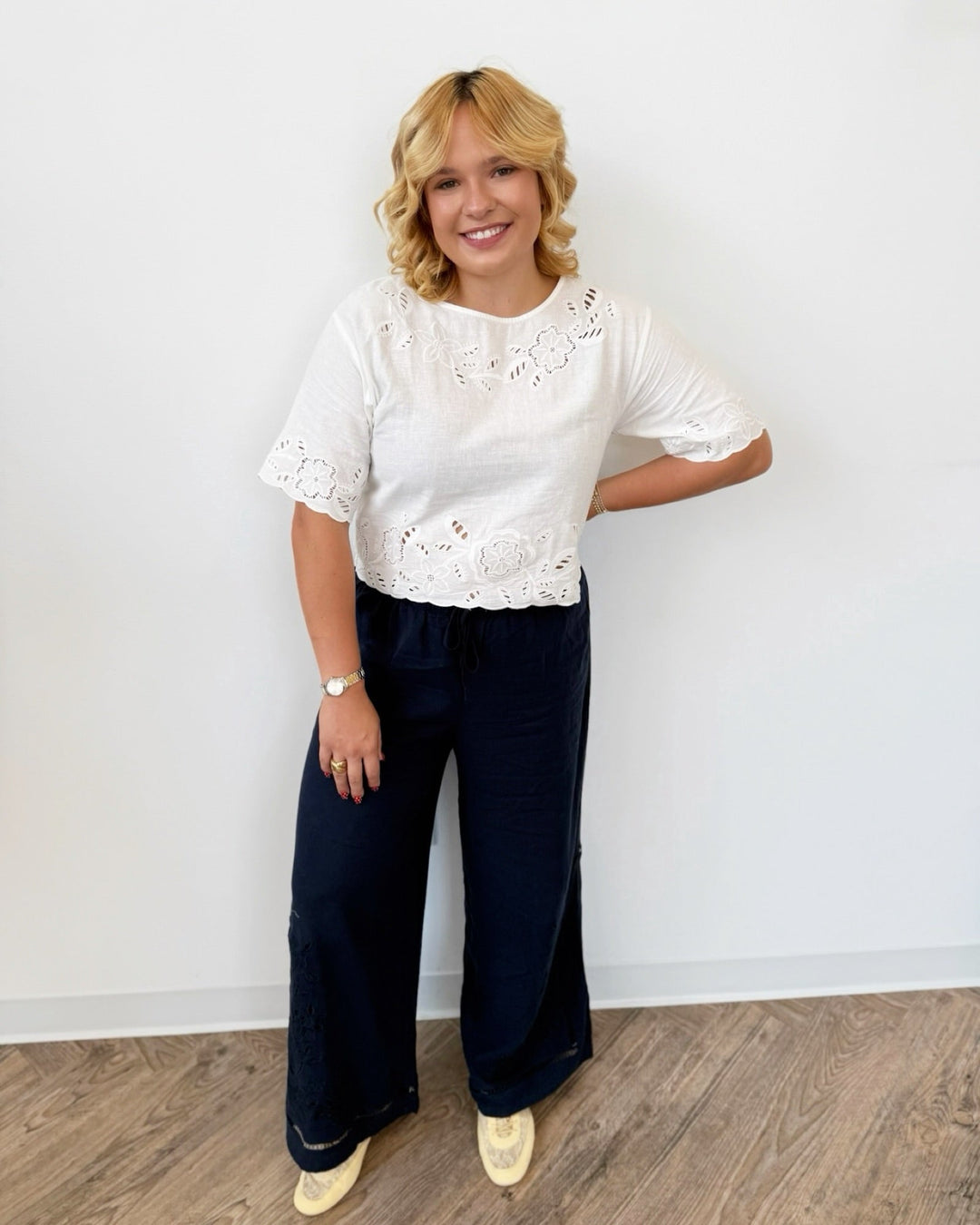 Z Supply Daya Embroidered Linen Topshort sleeve blouse
