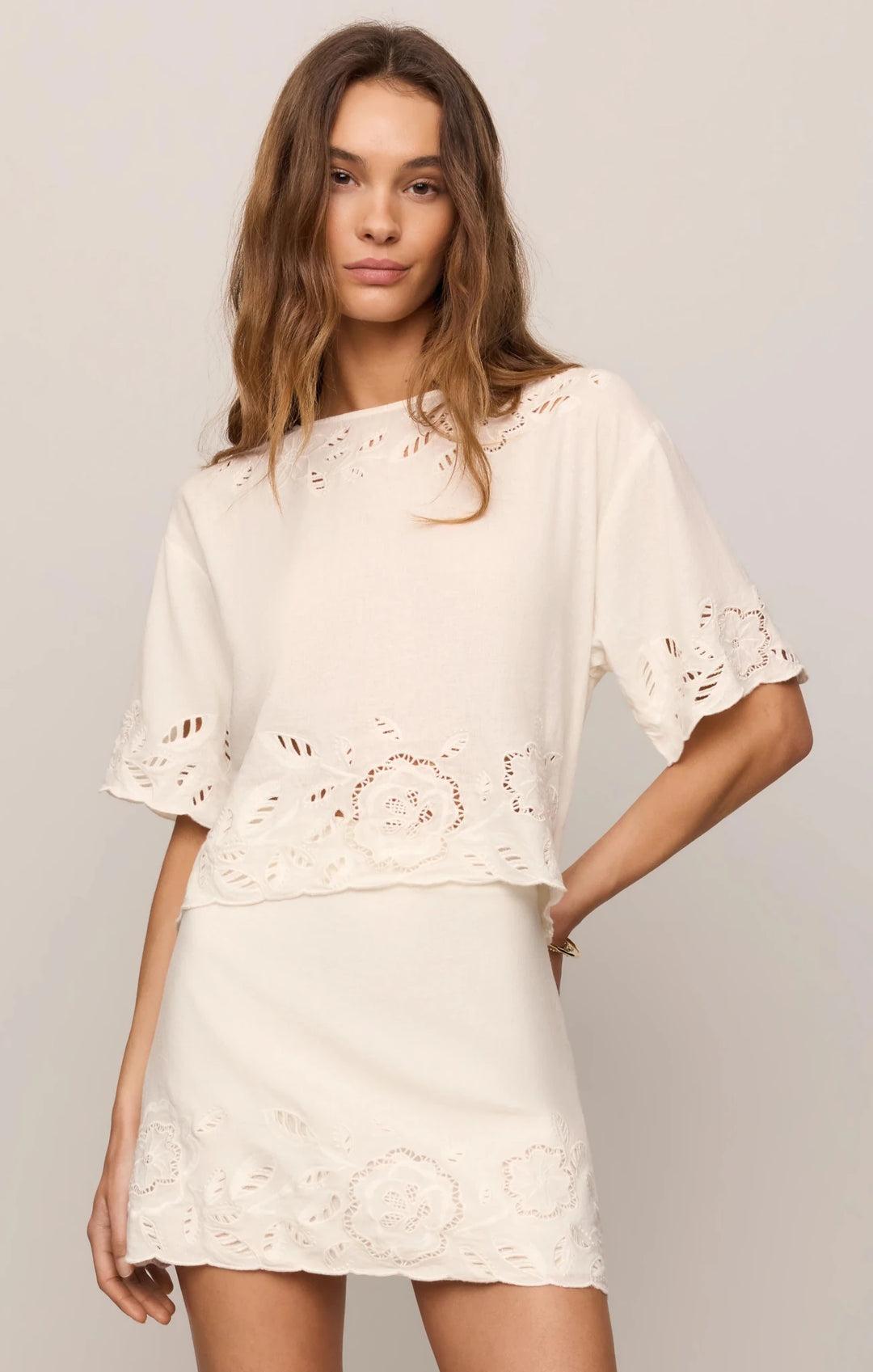 Z Supply Daya Embroidered Linen Topshort sleeve blouse