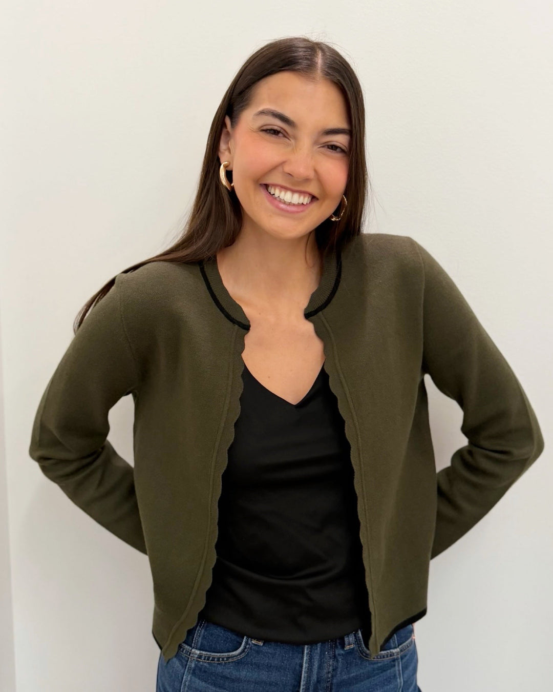 Zoellie Long Sleeve Cardigan with Scallop Trimcardigan