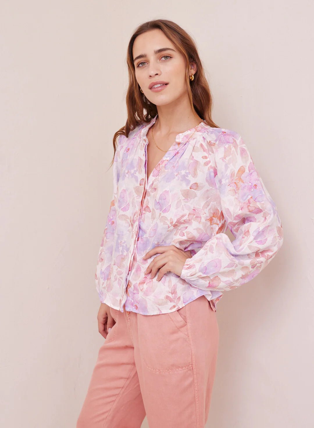 Bella Dahl Floral Linen Raglan Shirtlong sleeve blouse