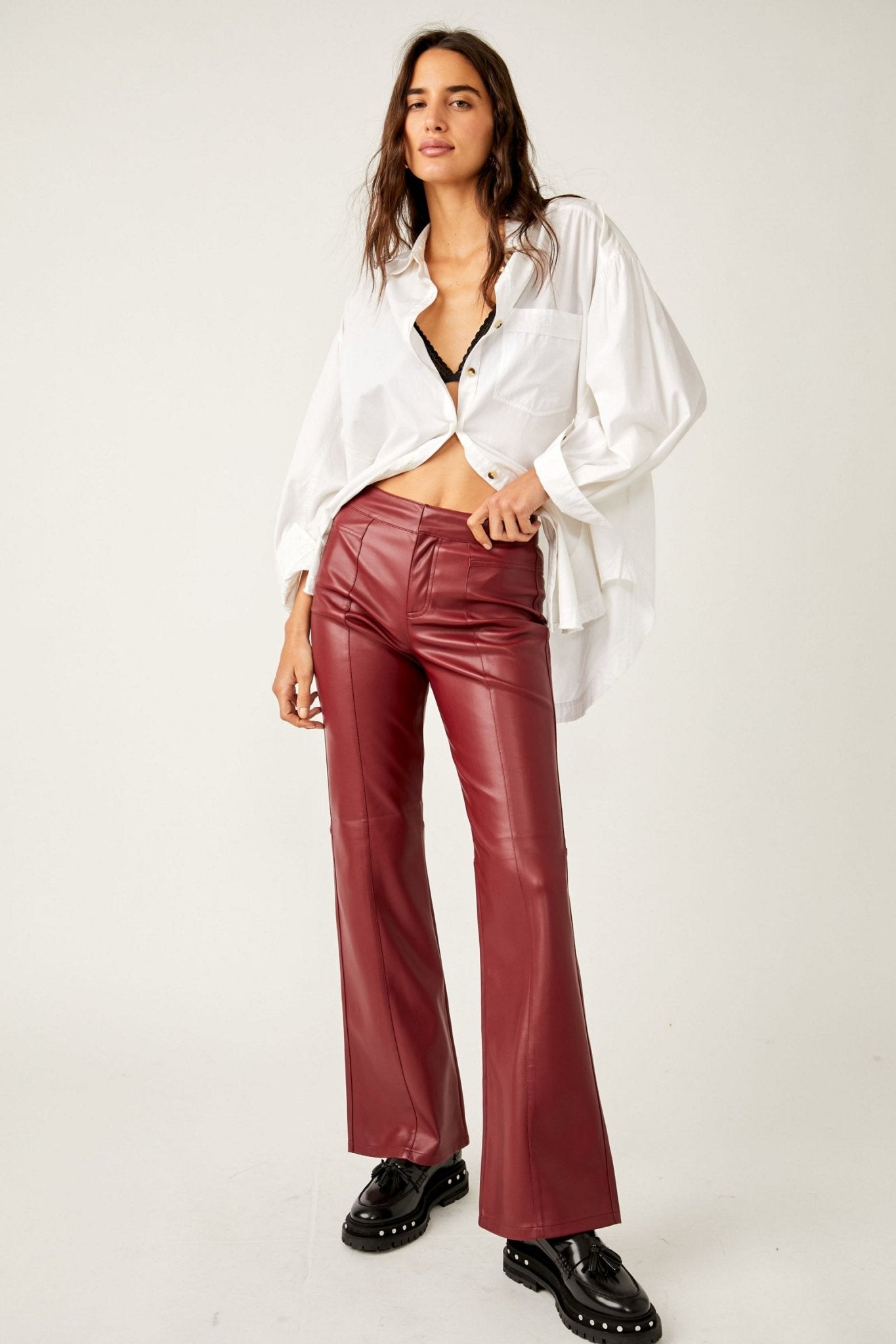 Garage Faux Leather Flare Low Rise Pant in Red