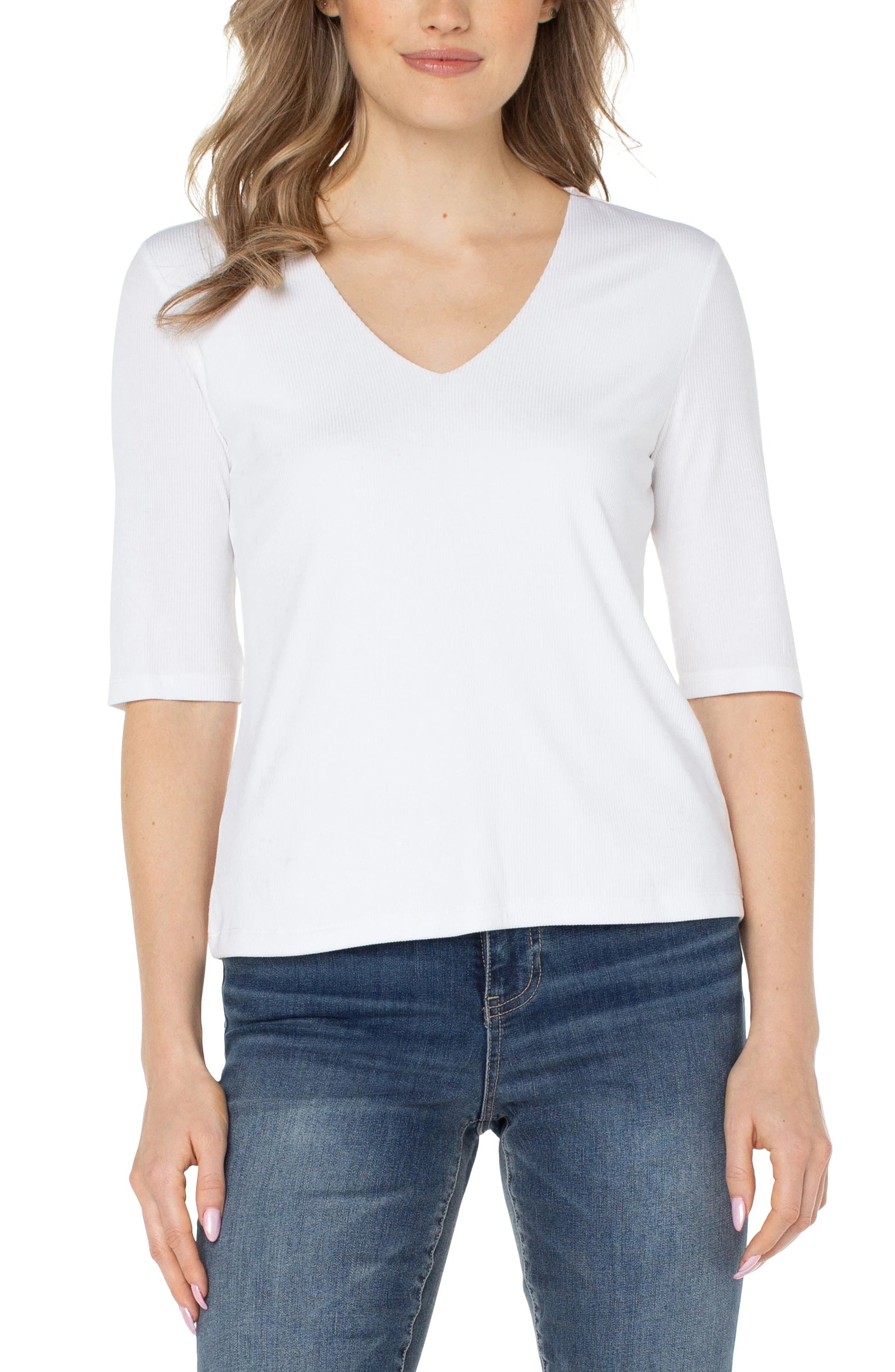 Liverpool Double Layer V-neck Rib Knit Top1/2 sleeve top