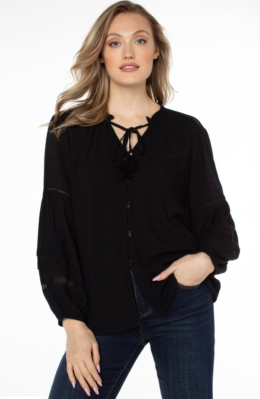 Liverpool V-Neck Long Sleeve Popover Shirred BlouseBlouse